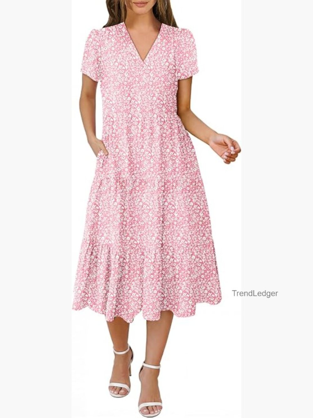 Women's Casual Short Sleeve V Neck Midi Dress - Tiered A-Line Boho Beach Summer